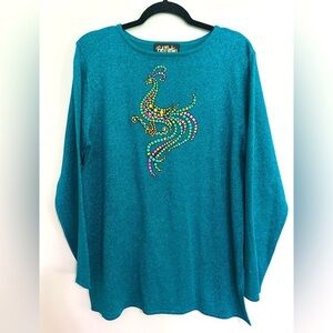 Bob Mackie Wearable Art Teal Glitter Tunic Top Rooster Design Size Medium